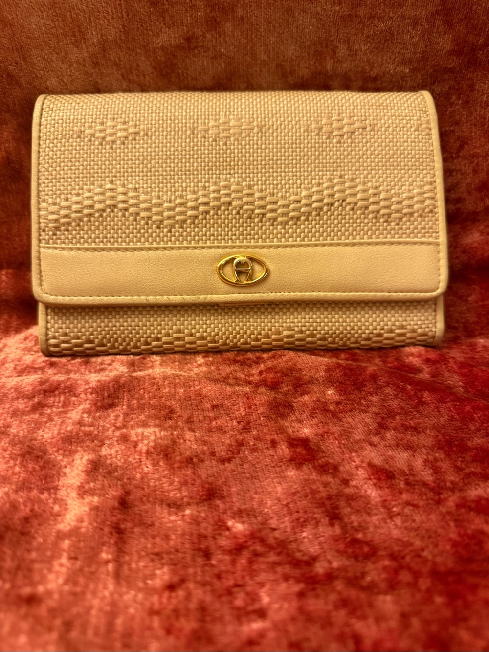 Vintage Etienne Aigner Cream Woven Wallet Clutch Gold Tone Logo Organizer 8”
